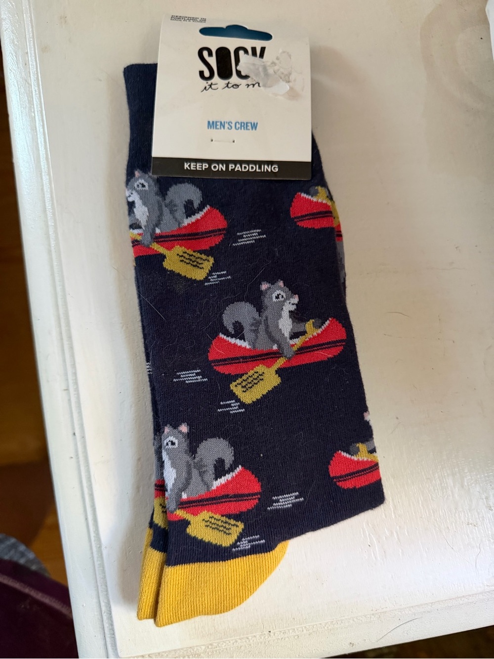 Men's Crew Socks in Navy with Canoe & Squirrel Motif by Sock it to Me